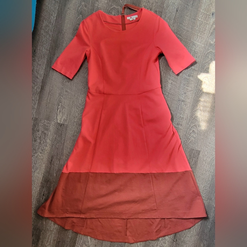 Boden Wren Ponte Jersey Knit Midi Dress Womens 8 Pop Peony & Brown High-Low Heam - Picture 7 of 14